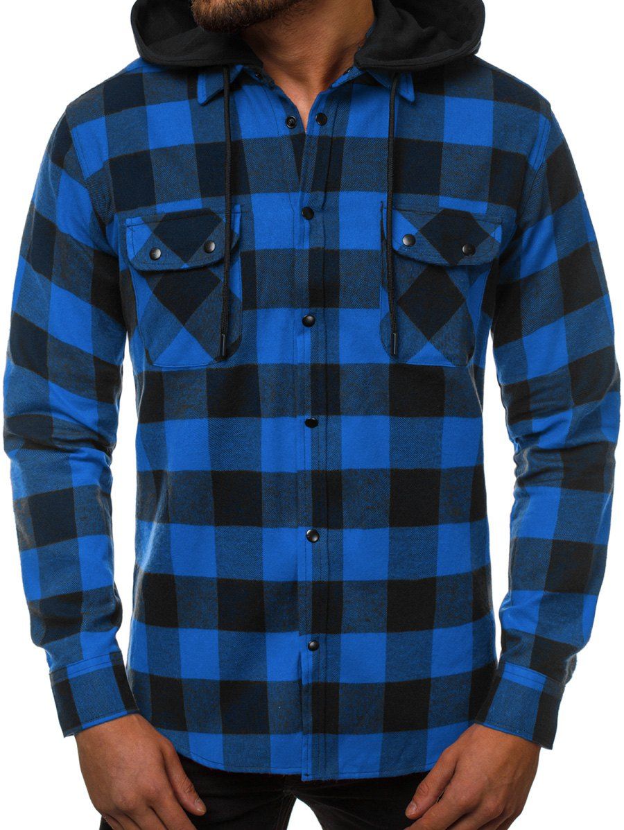 

Plaid Pattern Detachable Hooded Long Sleeve Shirt, Blue