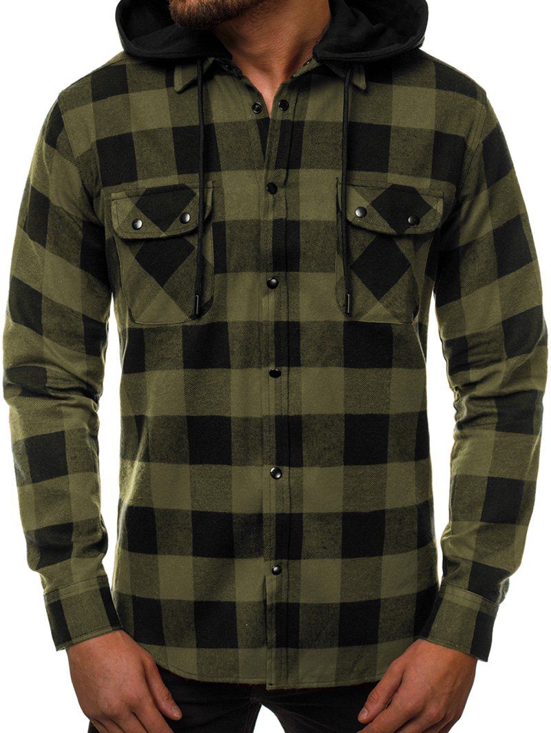 

Plaid Pattern Detachable Hooded Long Sleeve Shirt, Army green