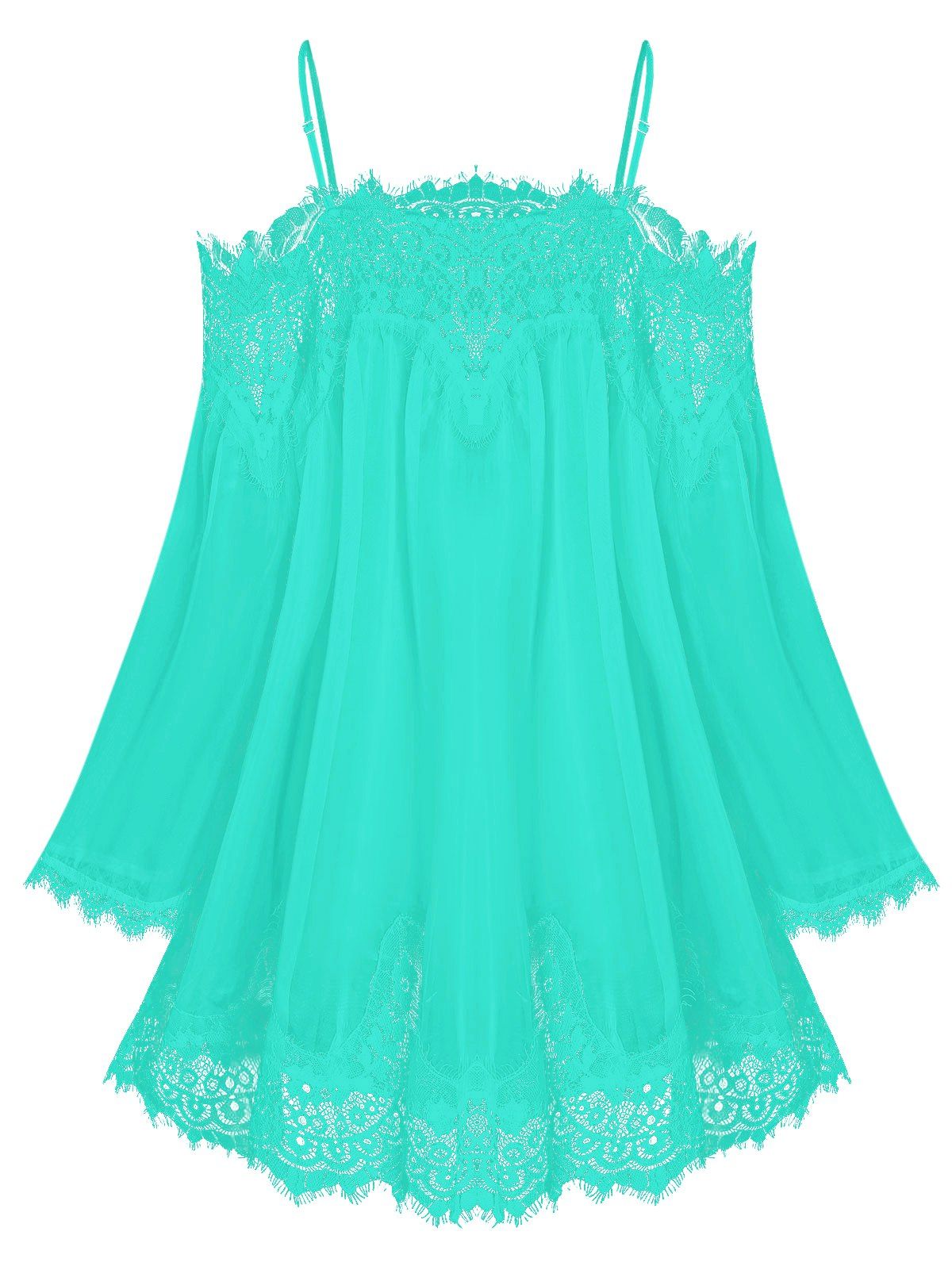 

Lace Insert Open Shoulder See Through Chiffon Cover Up, Aquamarine