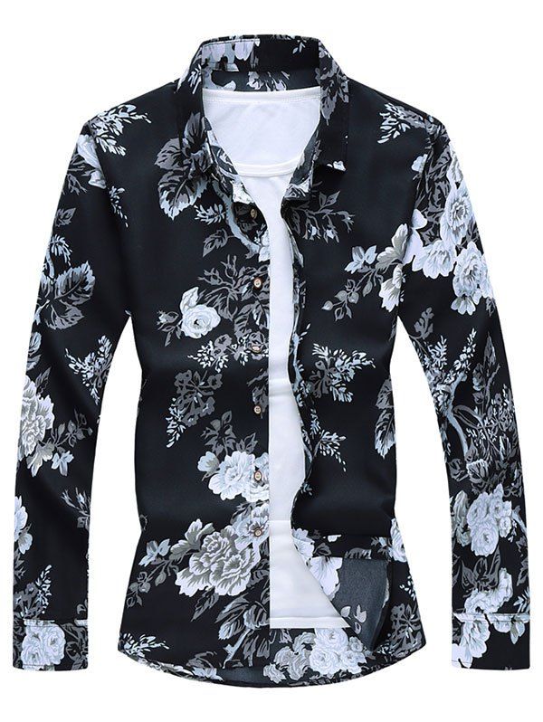 

Floral Leaf Print Button Up Long Sleeve Shirt, Black