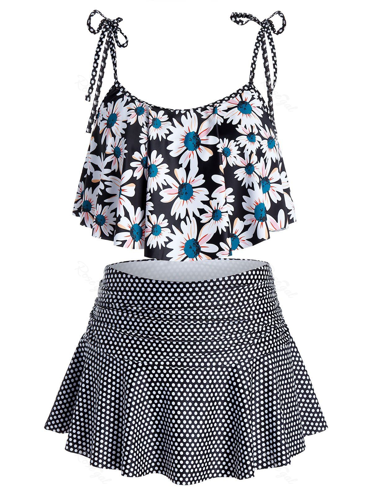 

Plus Size Floral Ruffle Polka Dot Tankini Swimwear, Black