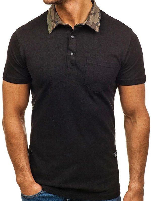 

Camouflage Spliced Collar Short Sleeves T-shirt, Black