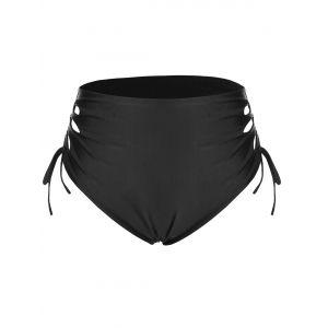 

Plus Size Cinched Tie High Waisted Hollow Out Swim Bottom, Black