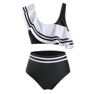 

Flounces Stripes Panel Plus Size Bikini Swimwear, Black