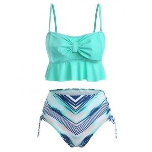 

Geometric Print Bowknot Lace Up Tankini Swimsuit, Light aquamarine