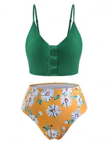 Plus Size Crisscross Daisy Print Bikini Swimwear - DEEP GREEN - 5X