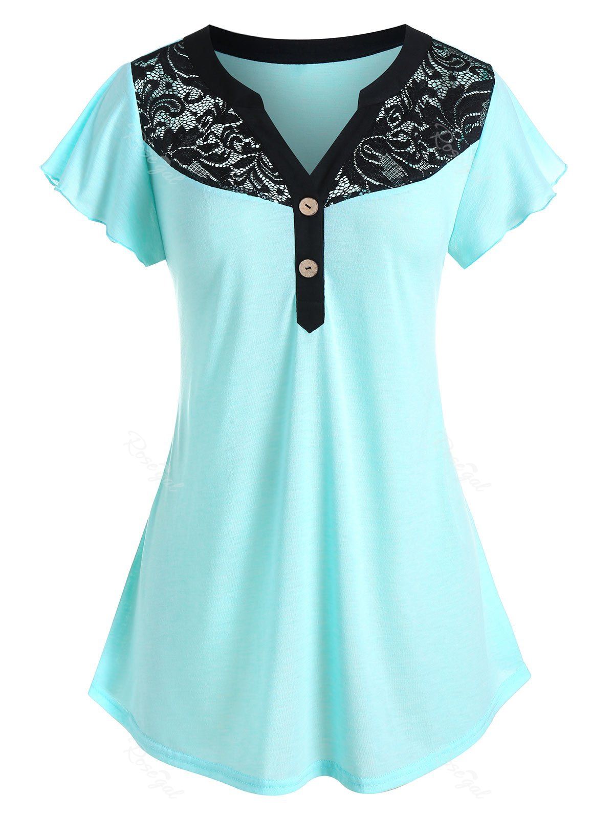 

Plus Size Lace Panel Placket Sheer Flutter Sleeve Tee, Macaw blue green