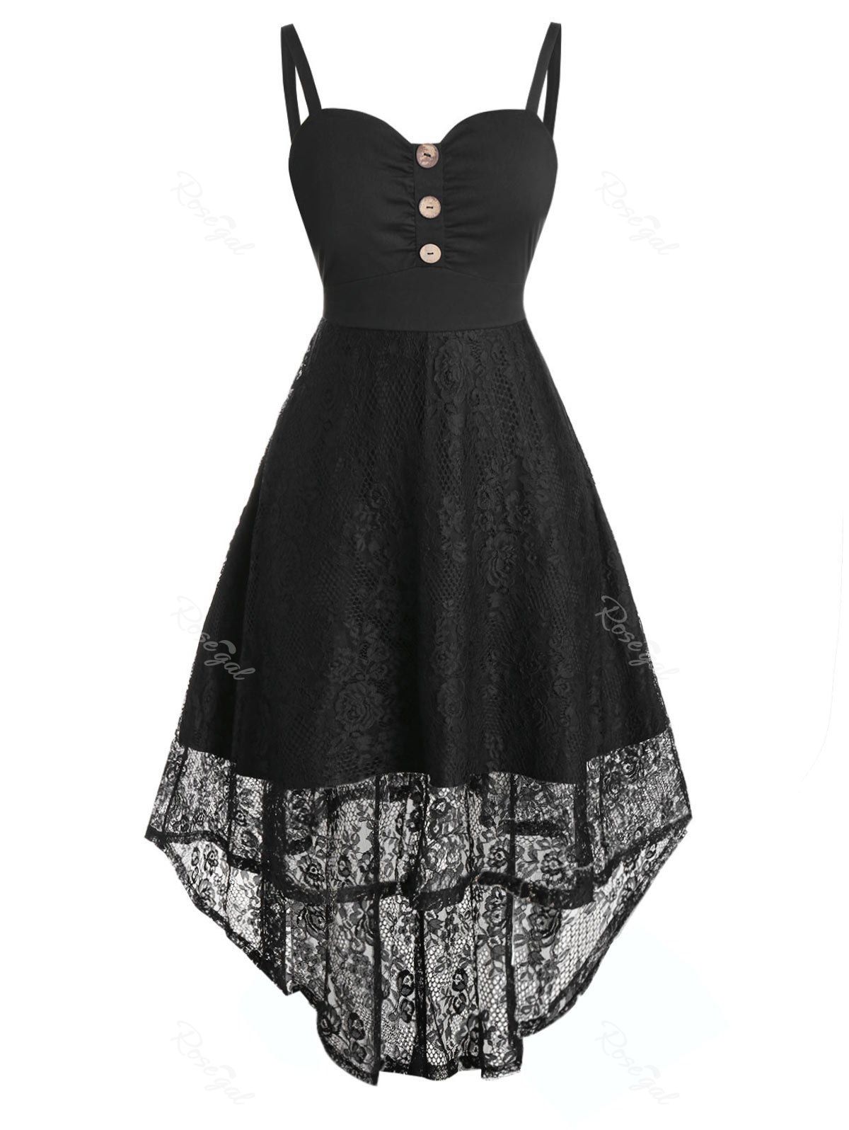 

Plus Size Lace High Low Buttoned Backless Sheer Dress, Black