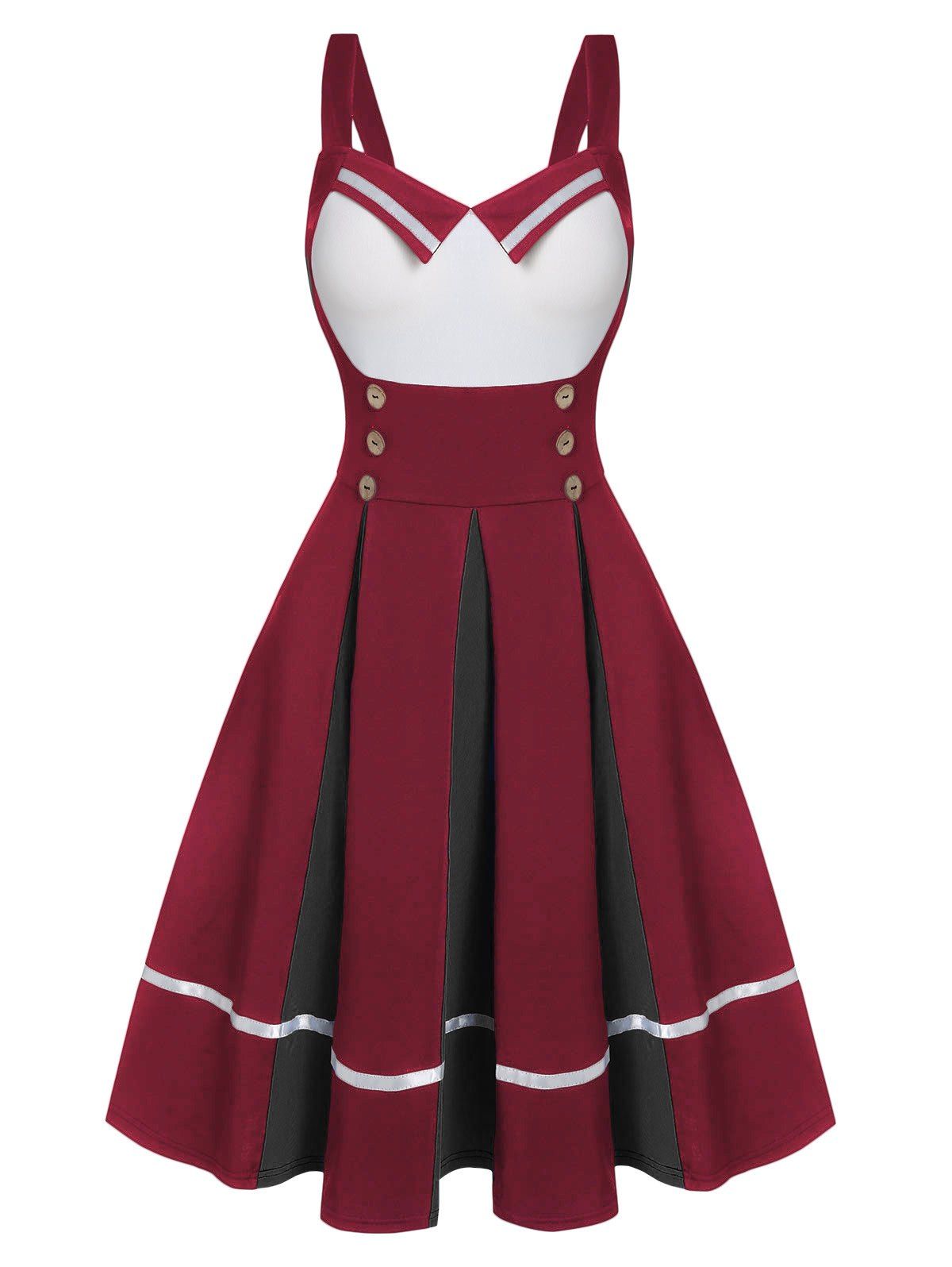 

Mock Button Sleeveless Contrast Pleated Vintage Dress, Red wine
