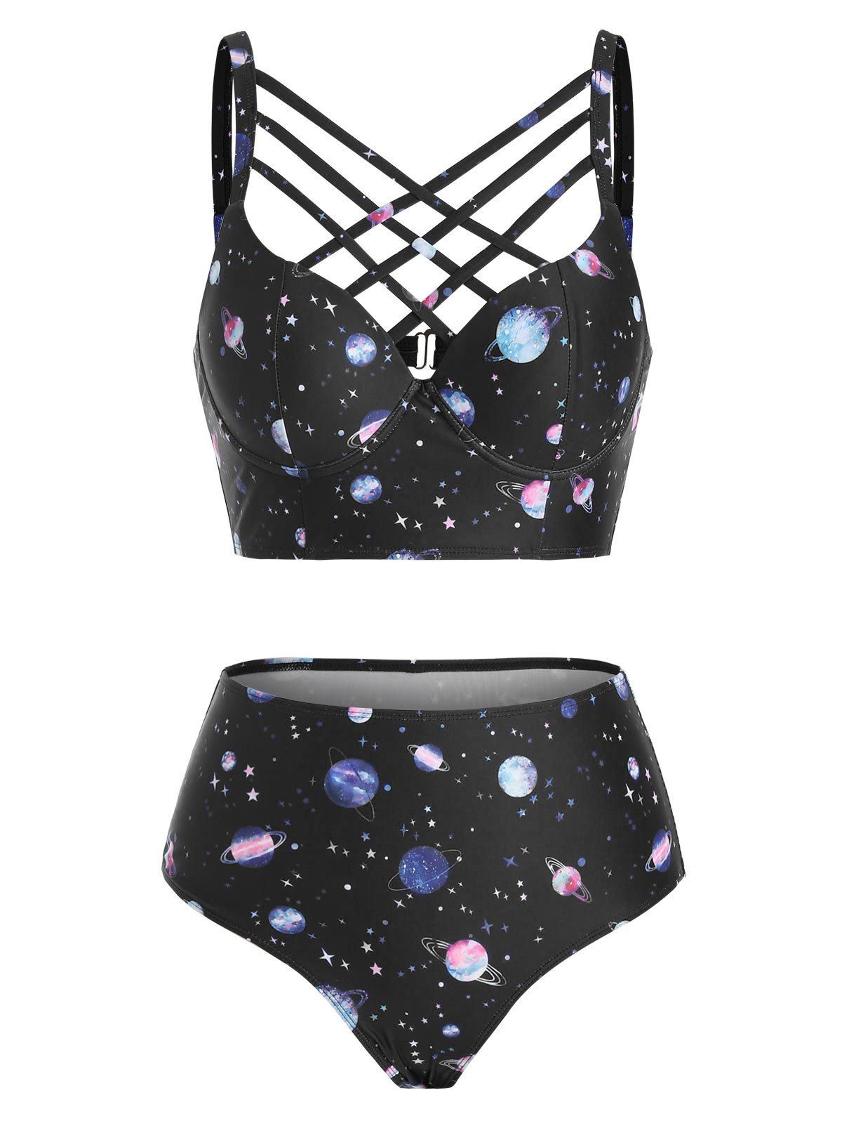 

Planet Print Push Up High Waist Bikini Swimsuit, Black
