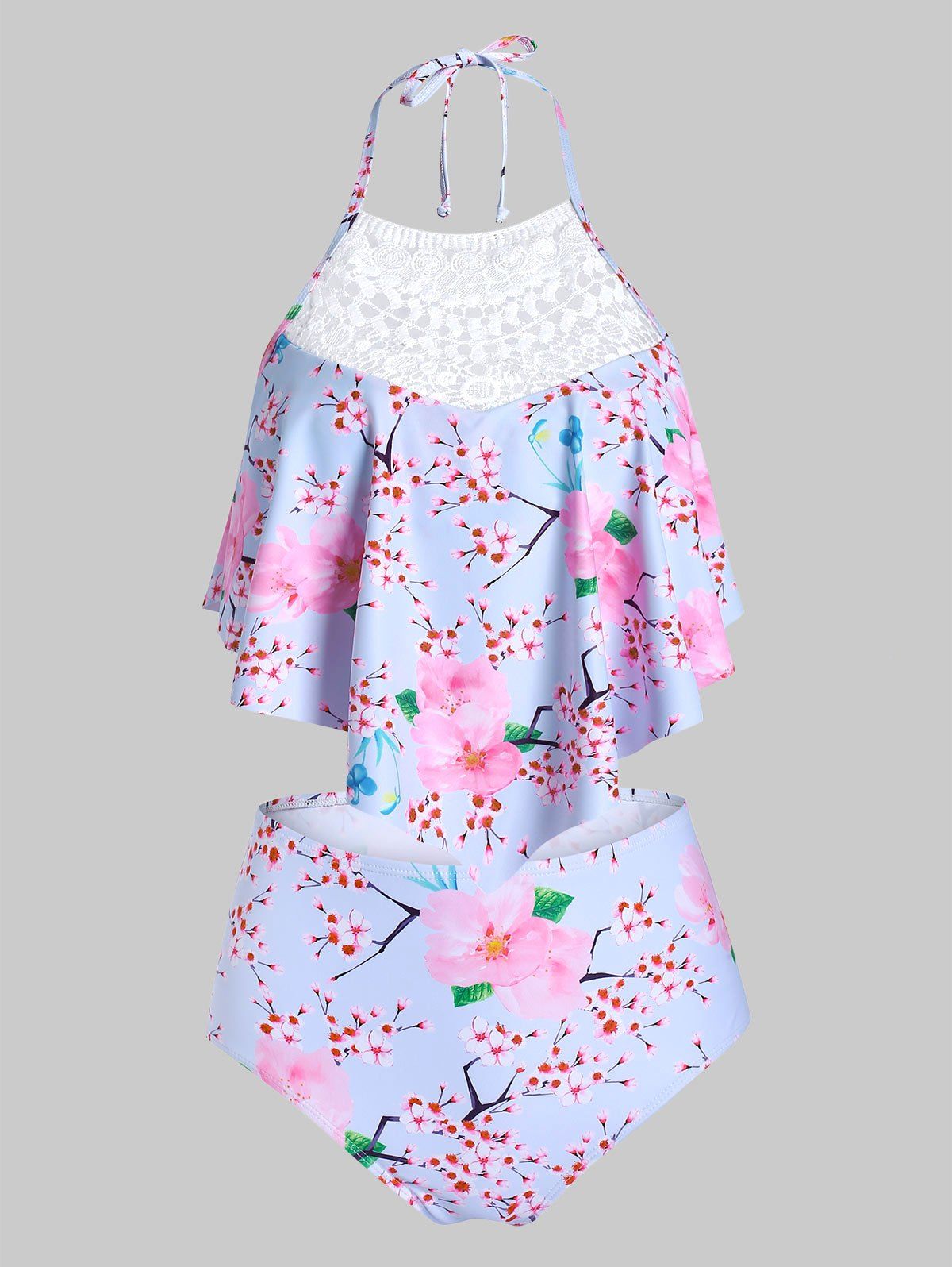 

Floral Print Halter Lace Insert Tankini Set, Sea blue
