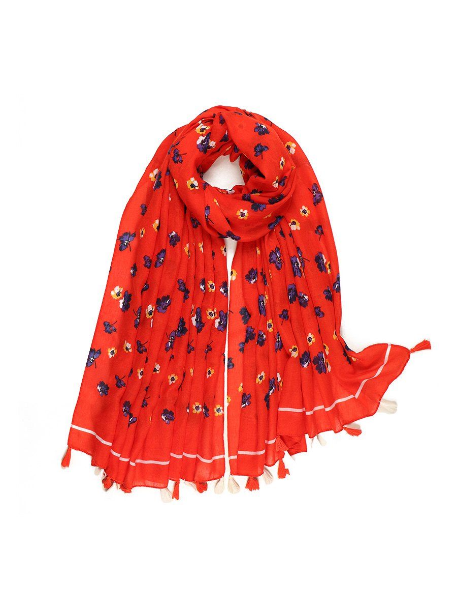 

Beach Small Floral Printed Tassel Long Scarf, Red