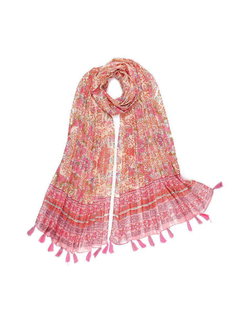 

Beach Tiny Floral Printed Tassel Long Scarf, Pink