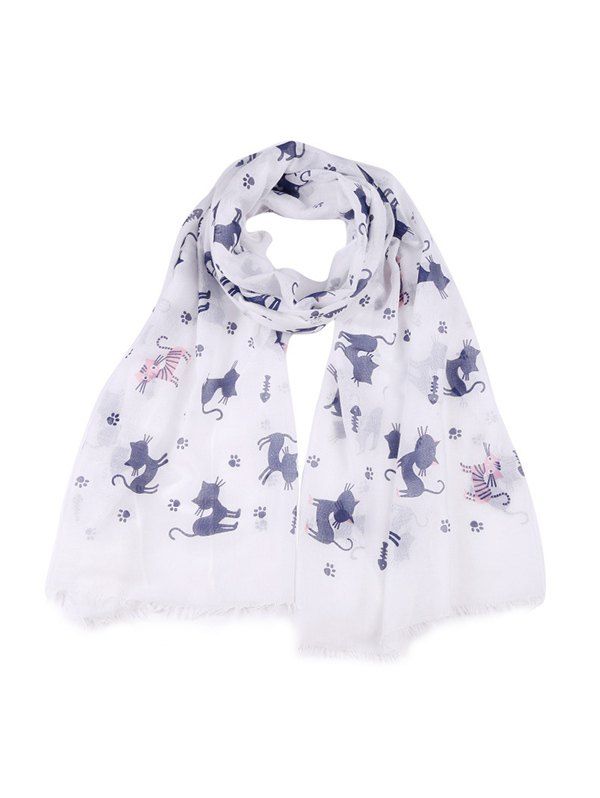 

Cat Printed Long Fringe Scarf, Milk white