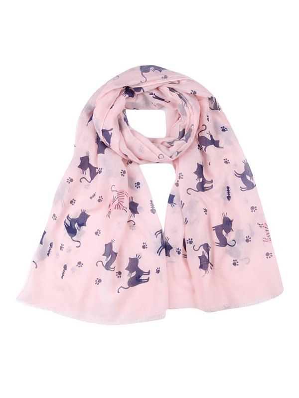 

Cat Printed Long Fringe Scarf, Light pink