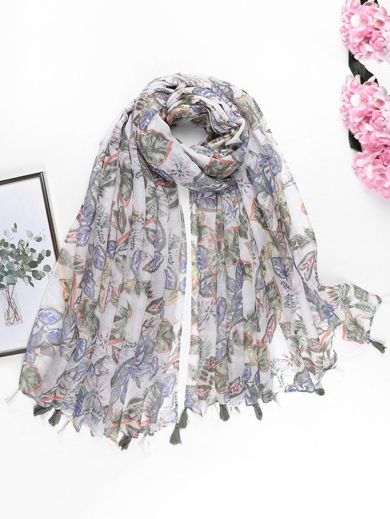 

Summer Leaf Printed Tassel Scarf, Hazel green