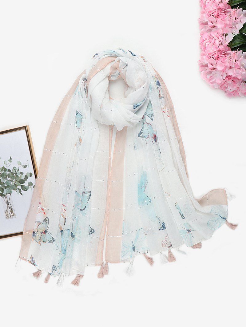 

Printed Butterfly Sequins Tassel Long Scarf, Milk white