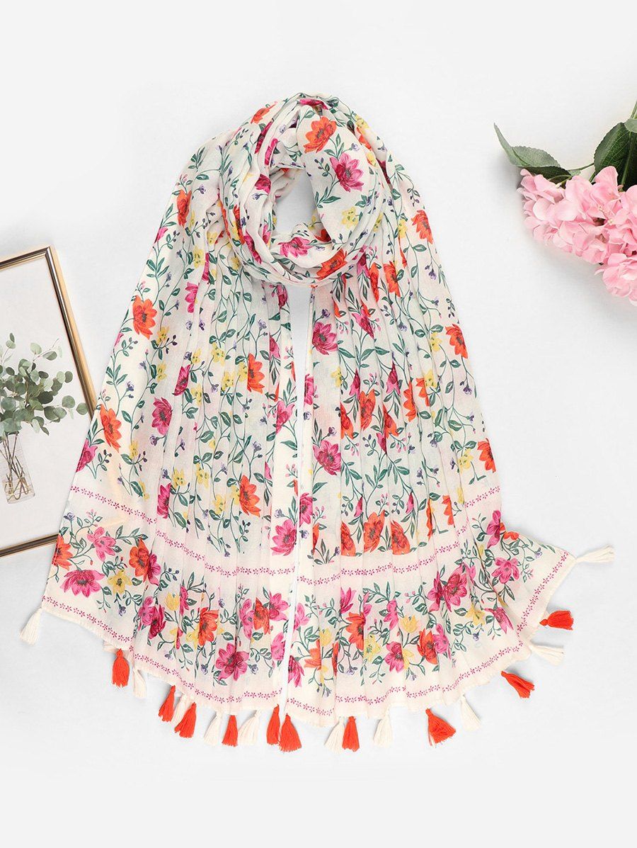 

Summer Flowers Printed Tassel Long Scarf, Milk white