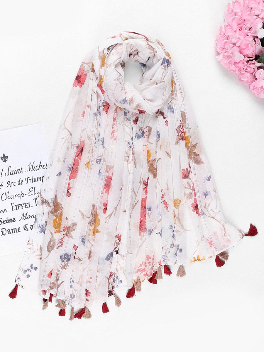 

Flower Printed Sequin Tassel Sun-proof Scarf, Crystal cream