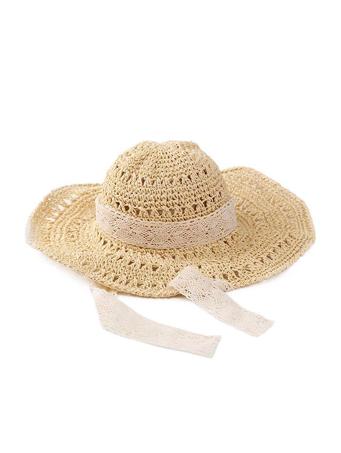 

Lace Ribbon Crochet Sun-proof Straw Hat, Beige