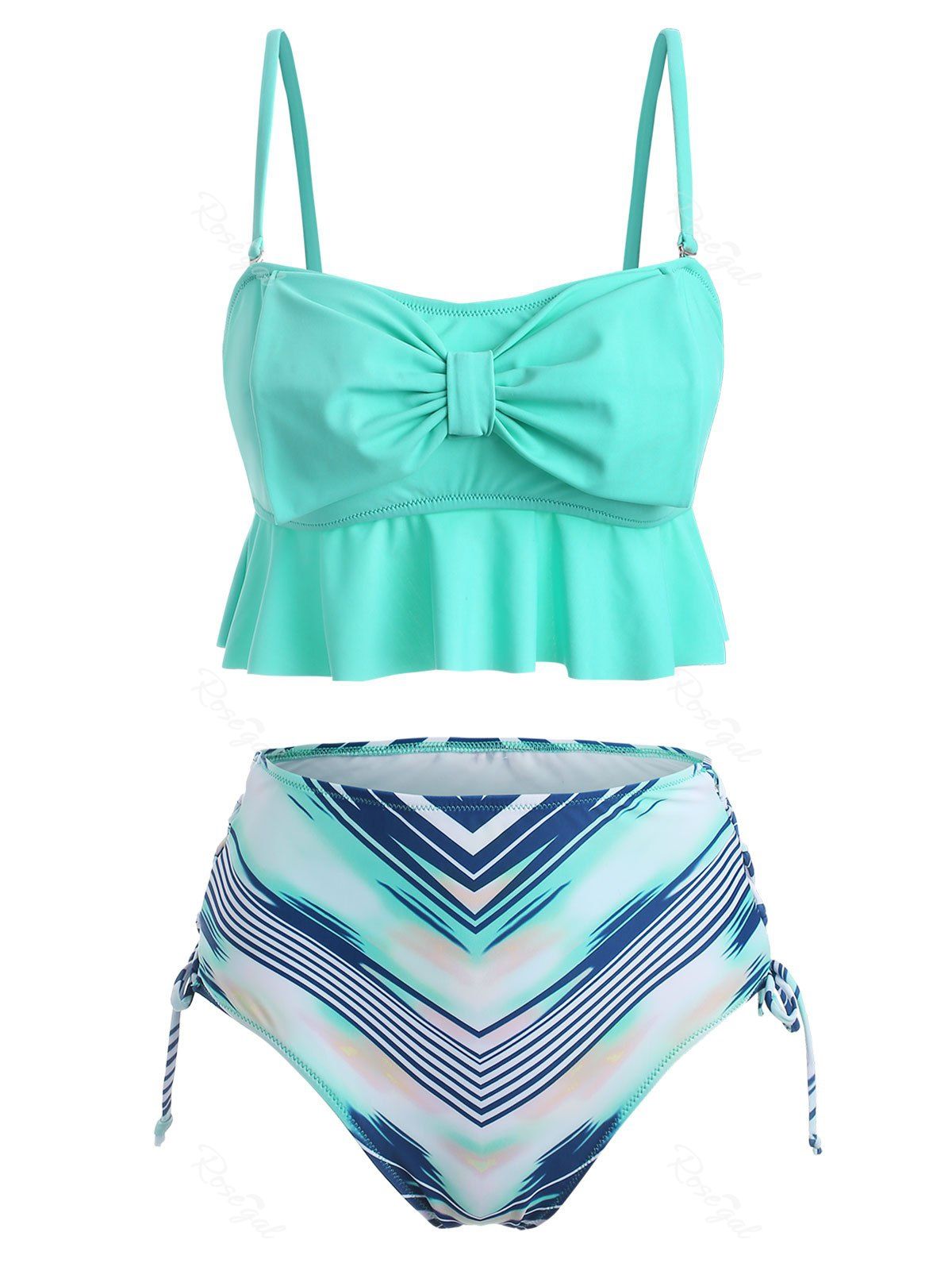 Outfit Geometric Print Bowknot Lace Up Tankini Swimsuit  