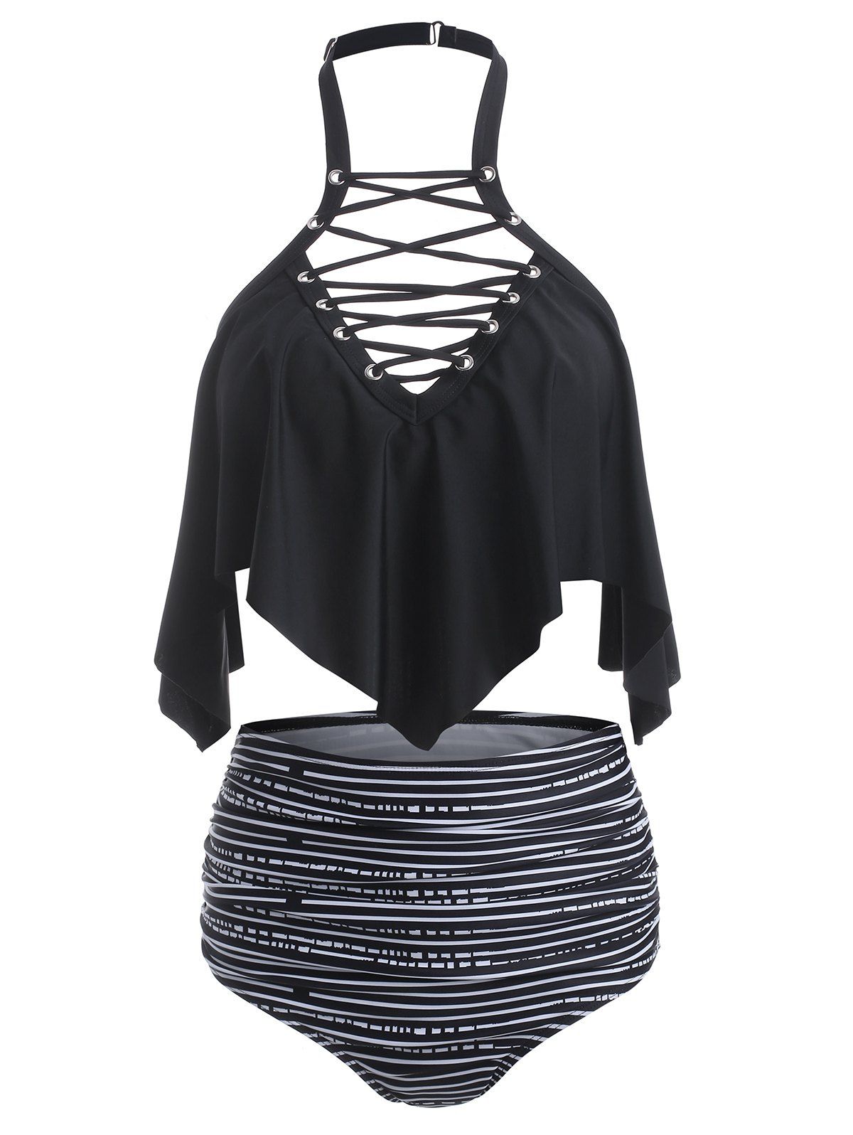 

Lattice Striped Flounce Tankini Swimwear, Black