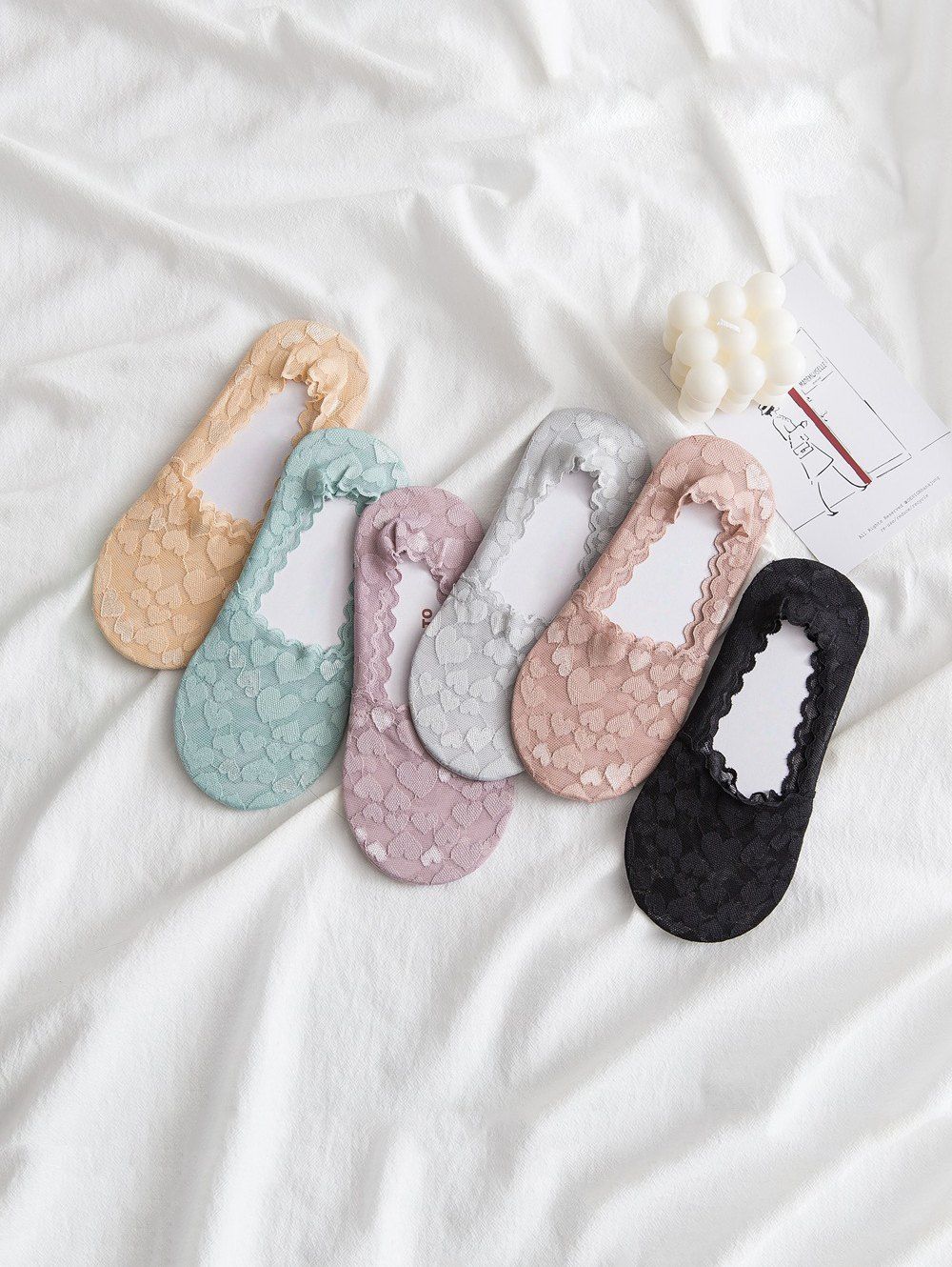 

6Pairs Heart Pattern Lace Invisible Socks Set, Multi-a