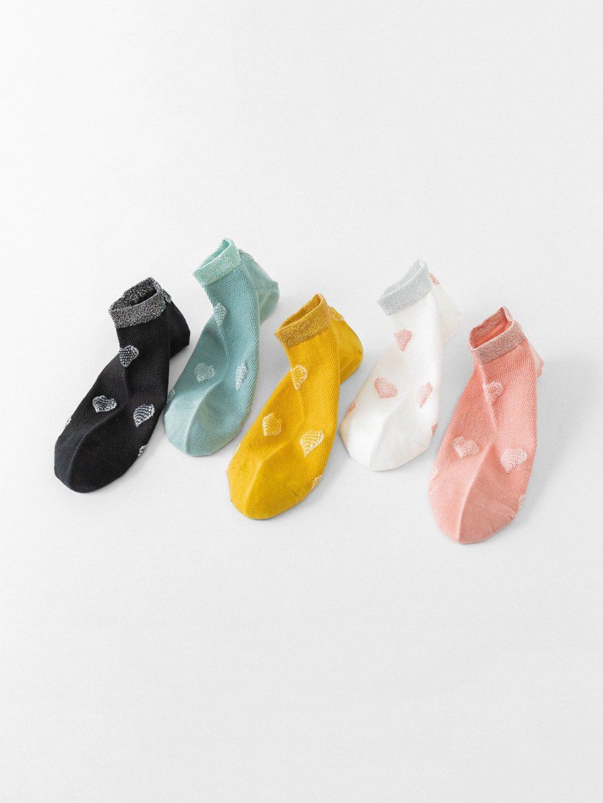 

5Pairs Heart Pattern Cotton Ankle Socks Set, Multi-a