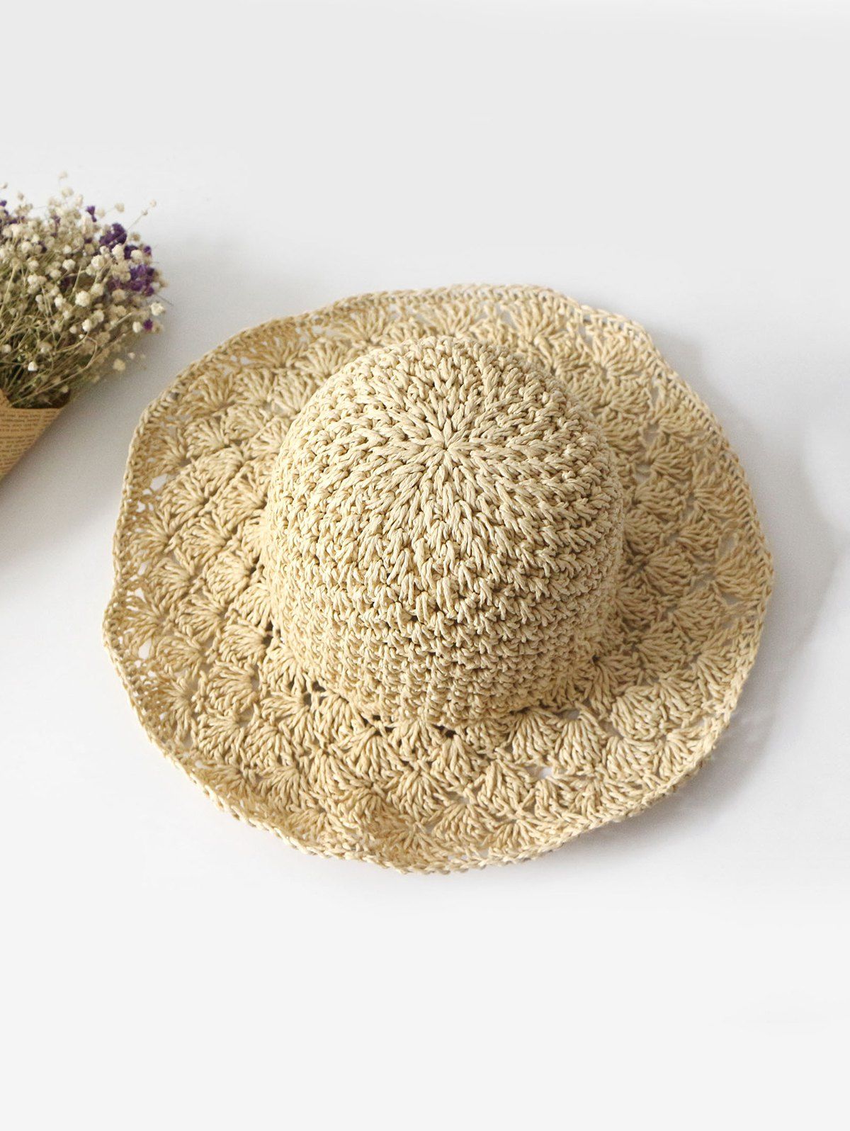 

Outdoor Summer Crochet Straw Hat, Beige