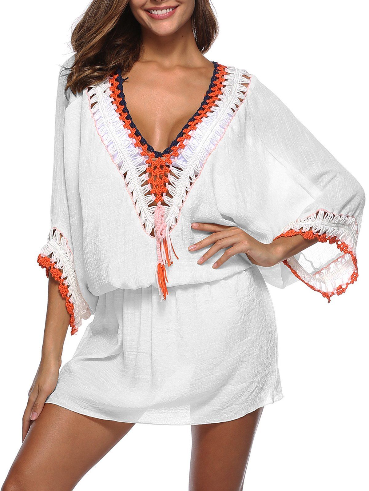 

Crochet Panel Low Cut Blouson Cover-up, White