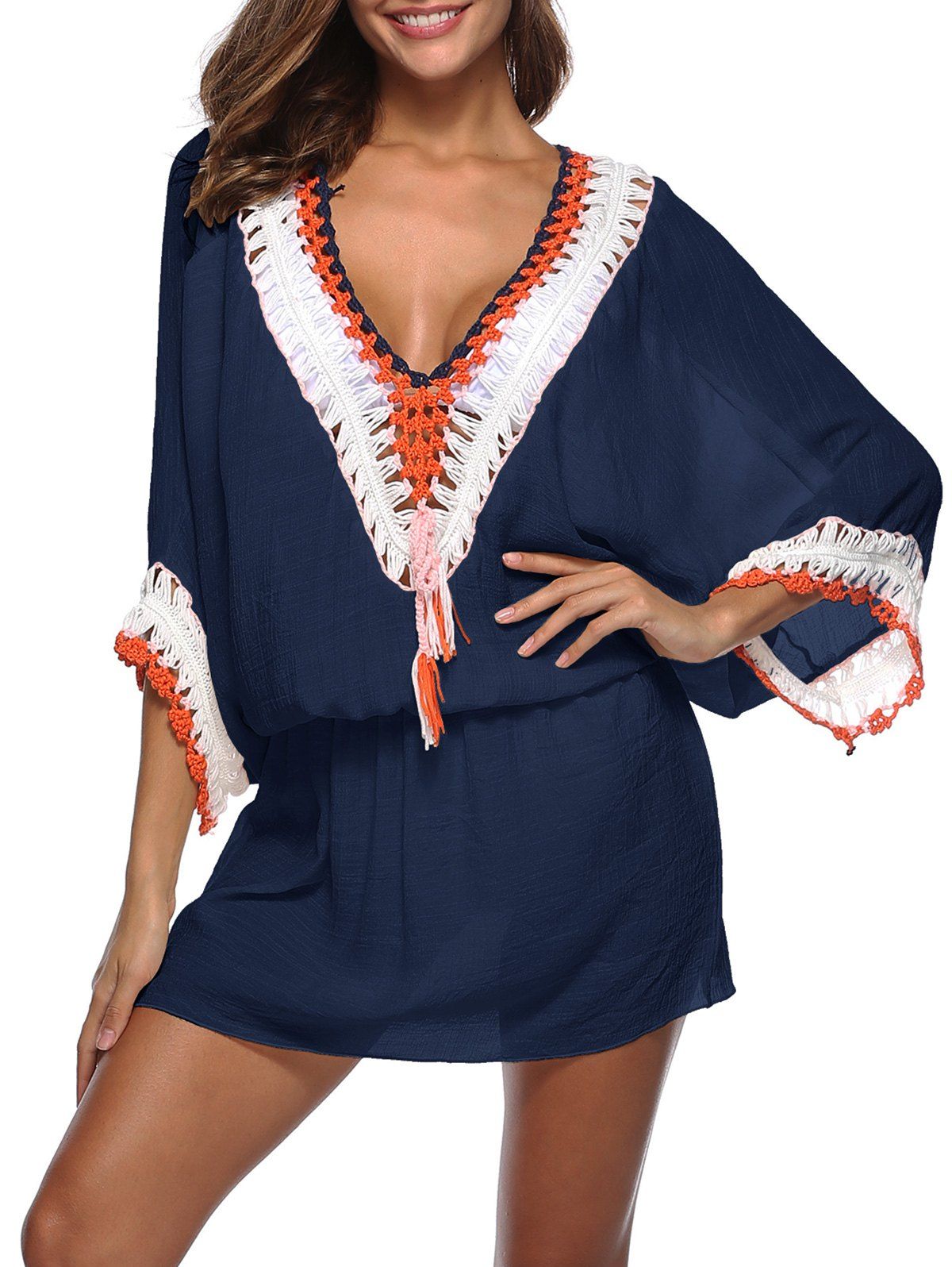 

Crochet Panel Low Cut Blouson Cover-up, Cadetblue
