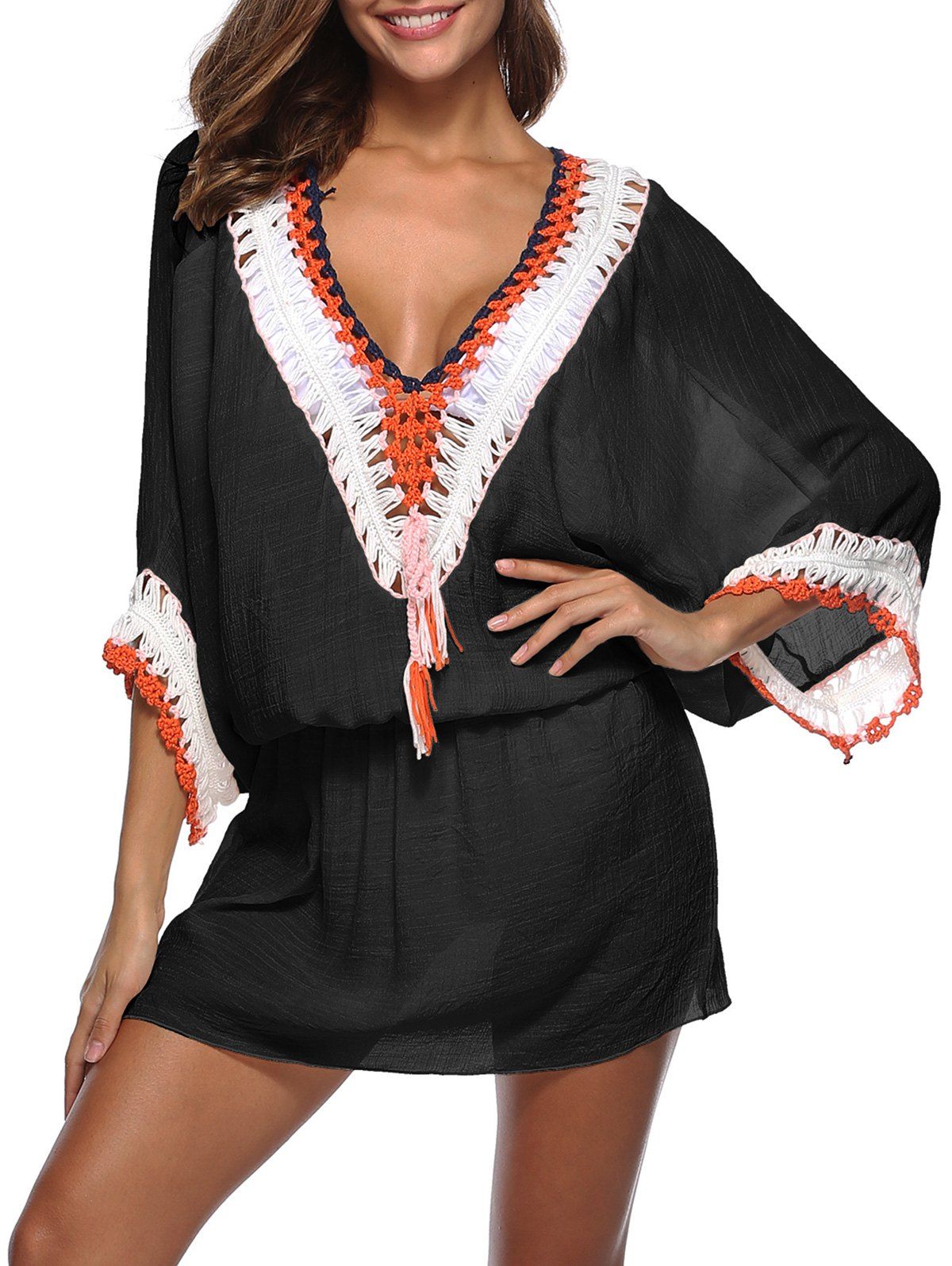

Crochet Panel Low Cut Blouson Cover-up, Black