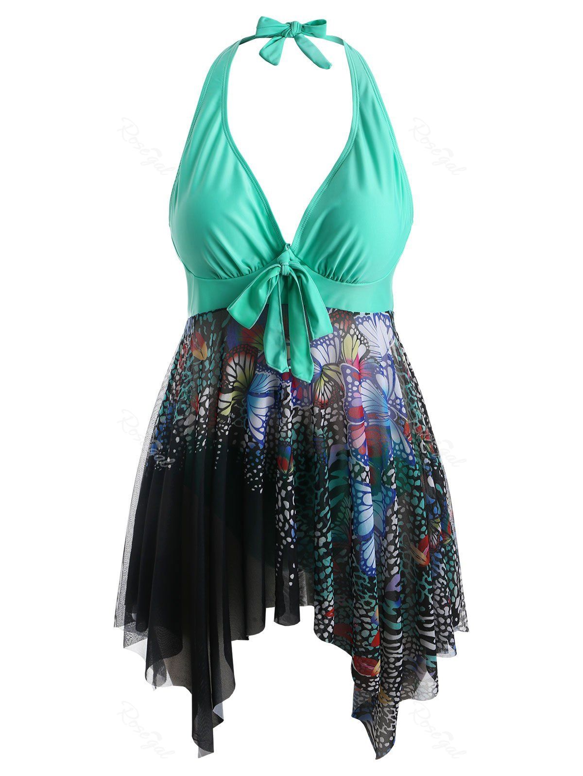 

Knotted Handkerchief Butterfly Plus Size Tankini Swimwear, Green