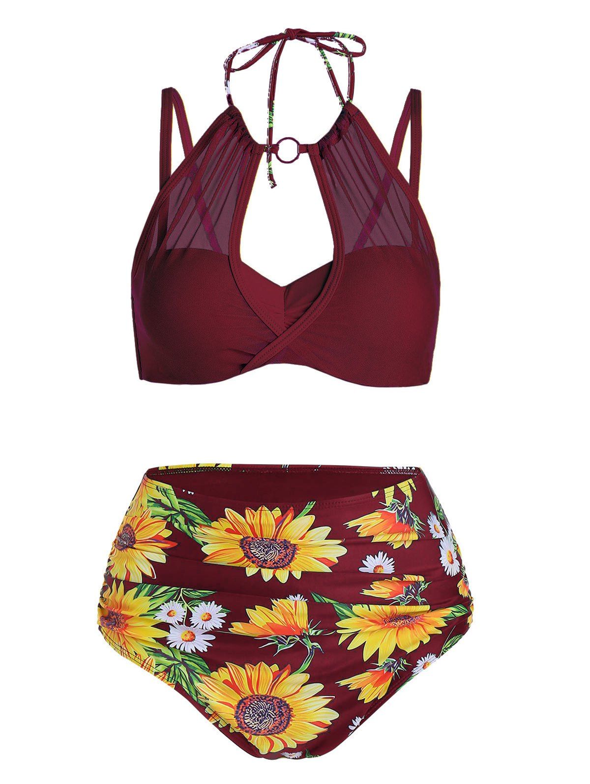 

Sunflower Print Mesh Insert Padded Bikini Swimwear, Red wine