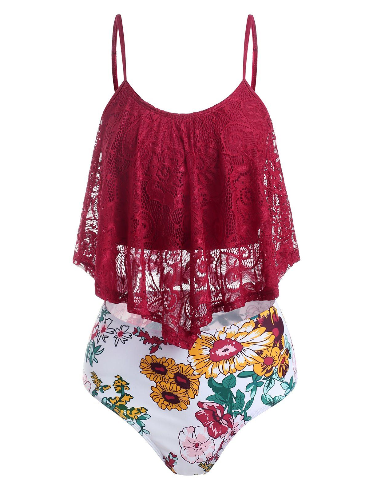 

Lace Panel Flower Print Flounce Tankini Swimwear, Red wine