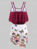 Maillot de Bain Trois-Pièces à Volants Papillon et Fleur Imprimés Grande-Taille - Rouge Vineux L