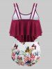 Maillot de Bain Trois-Pièces à Volants Papillon et Fleur Imprimés Grande-Taille - Rouge Vineux L