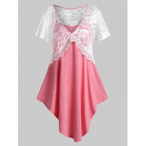 

Plus Size Lace Panel See Thru Asymmetrical Plunge Tee, Pink