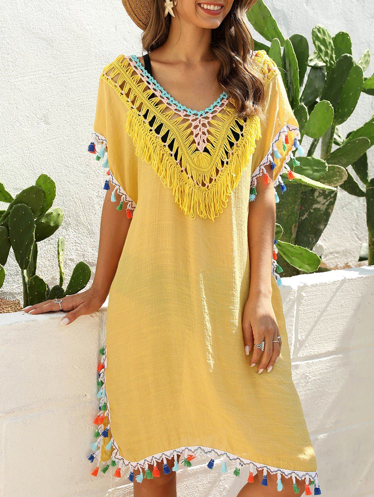 

Crochet Insert Backless Tasseled Cover-up, Sun yellow