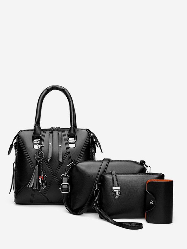 

4 Piece Faux Leather Geometric Tote Bag Set, Black