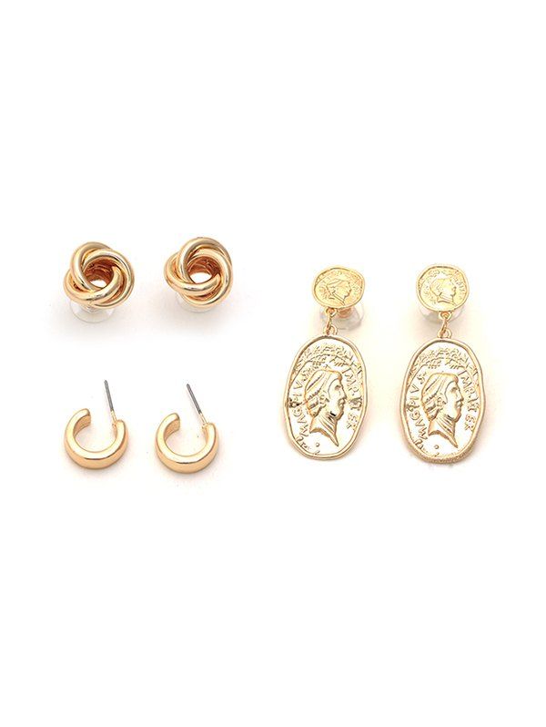 

3Pairs Portrait C-shaped Knotted Earrings Set, Gold