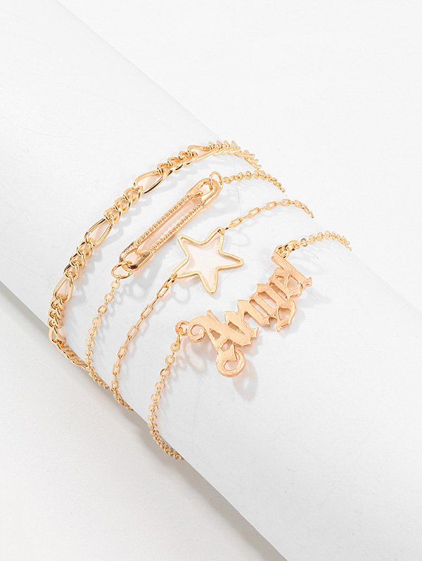 

4Pcs Hollow Letter Star Safe Pin Bracelet Set, Gold