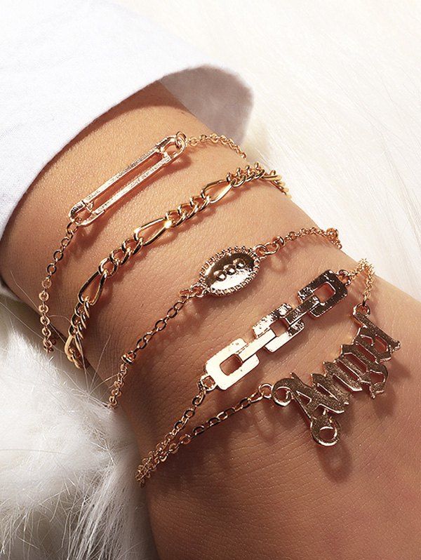 

5Pcs Hollow Safe Pin Letters Shape Bracelet Set, Gold