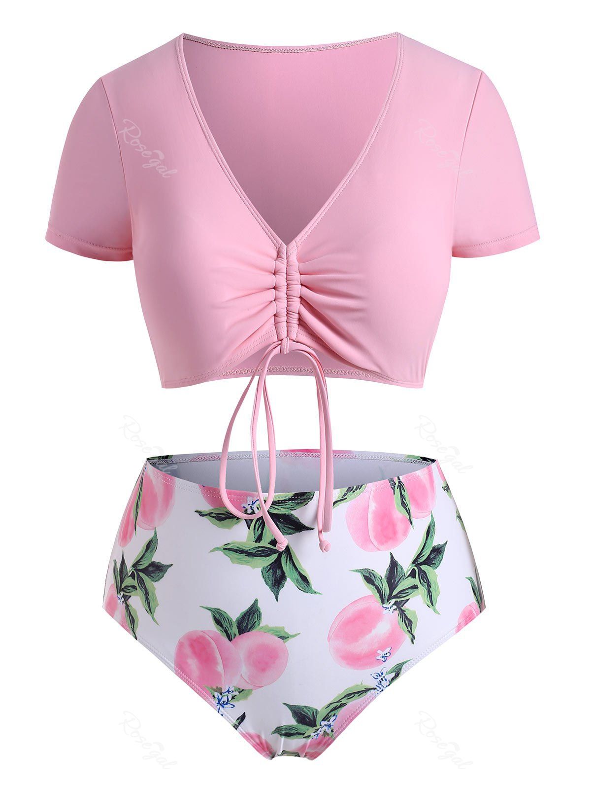 

Cropped Cinched Peach Print Plus Size Two Piece Swimwear, Pink
