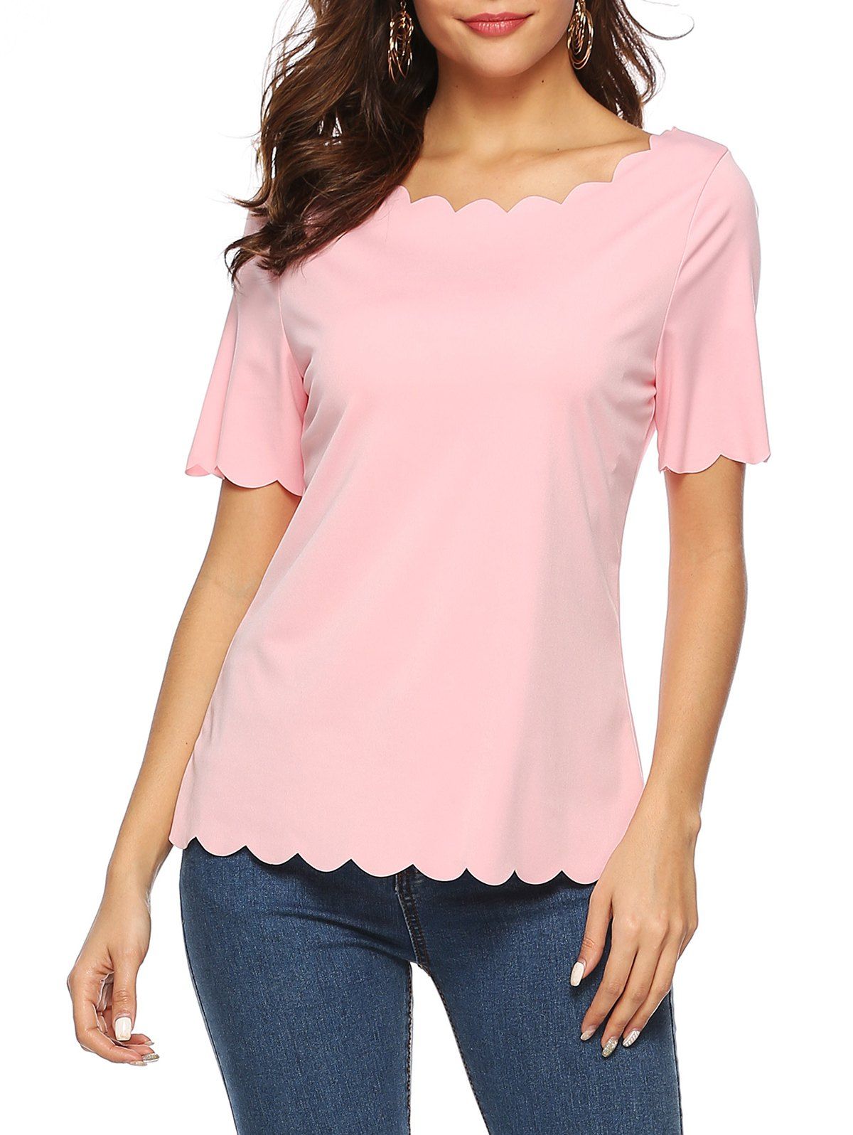 

Basic Scalloped Hem T Shirt, Pink