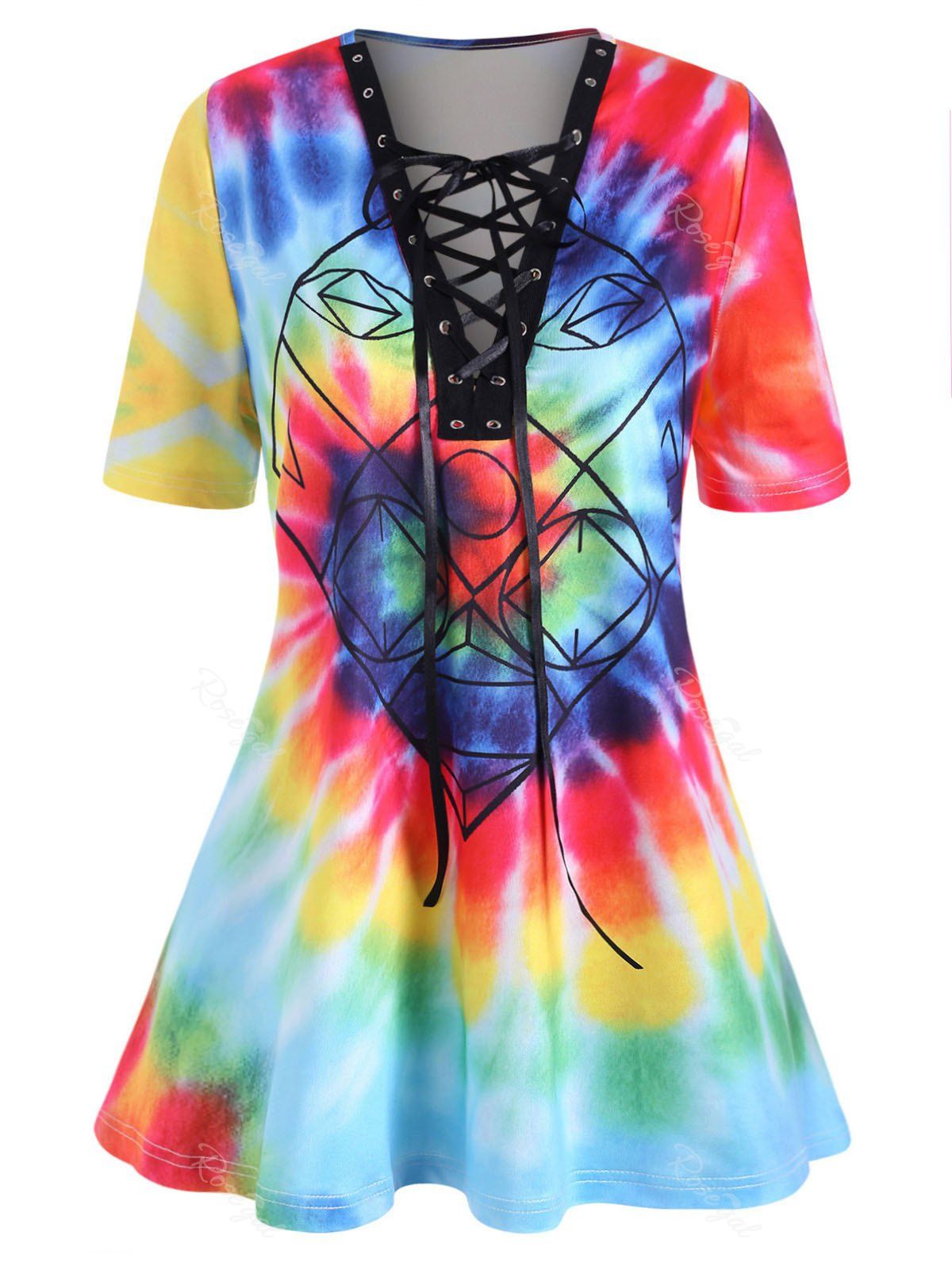 

Plus Size Lace-up Spiral Tie Dye Print Tunic Top, Multi