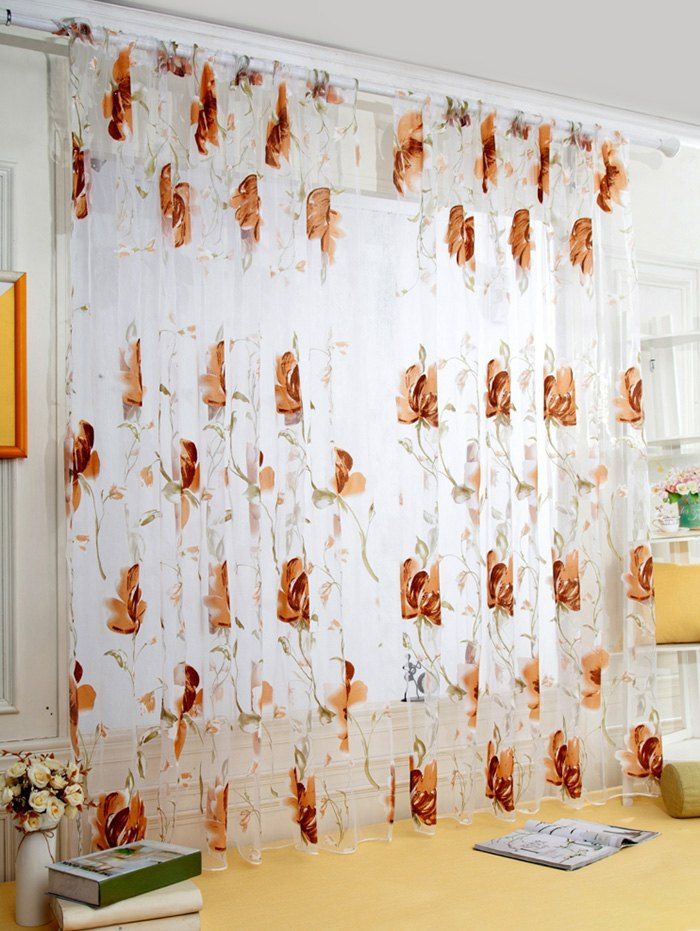 

1 Panel Flowers Print Window Curtains, Camel brown