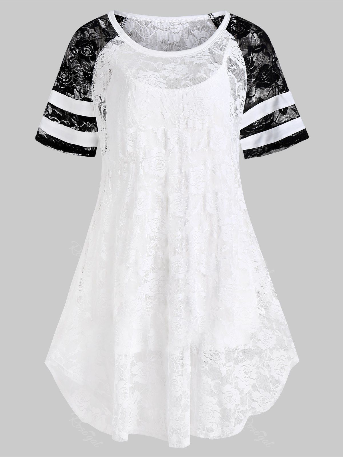 

Plus Size Lace Raglan Sleeve Blouse and Camisole Set, White