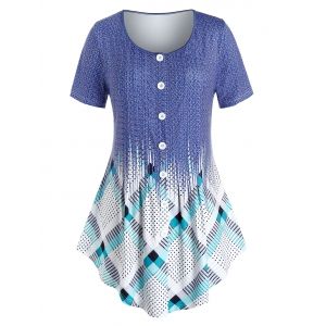 

Plus Size Printed Buttons Curved T Shirt, Multi