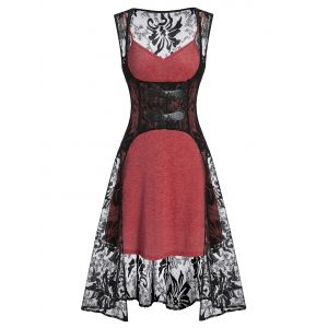 

Plain Cami Dress and Buckle Strap Lace Vest, Cherry red
